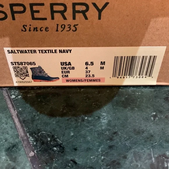 NWT Sperry Saltwater textile navy duck boots with coral bottoms - Picture 5 of 7